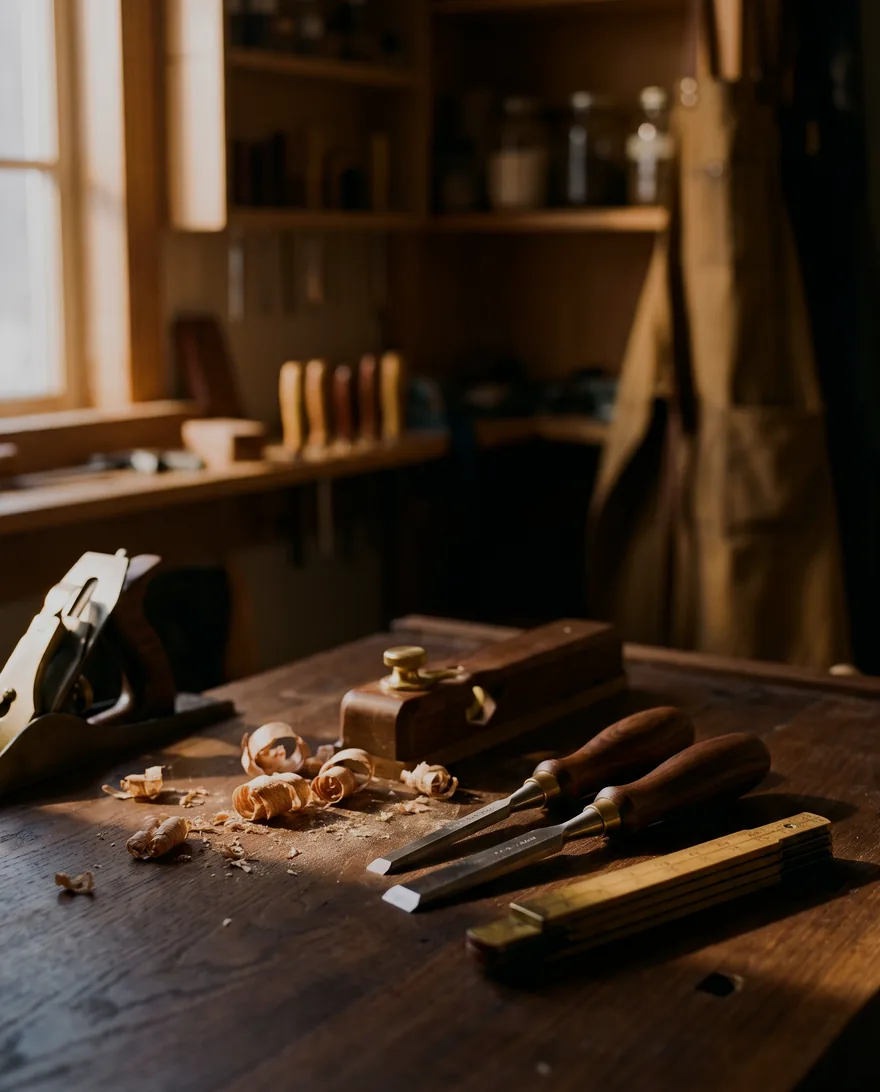 Atelier d'artisan, outils sur établi sombre