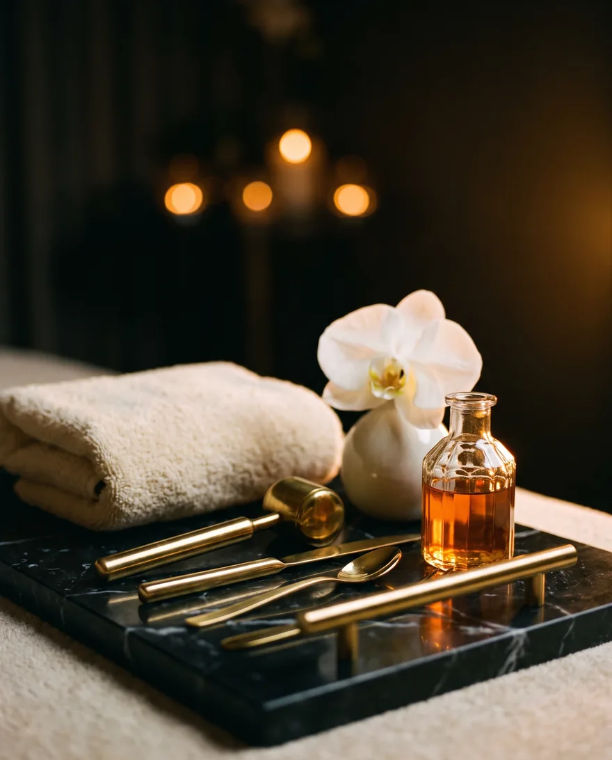 Détail d'un institut de beauté, laiton et marbre noir