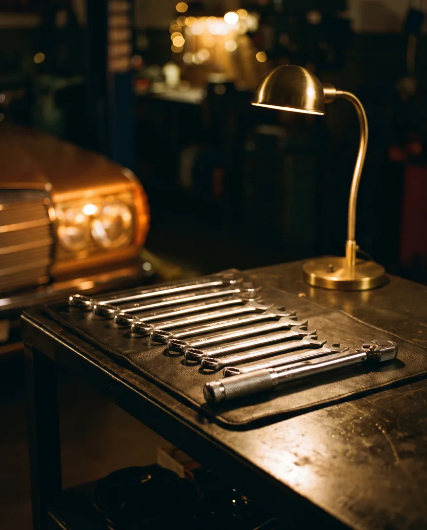 Garage automobile, outils chromés sur cuir noir